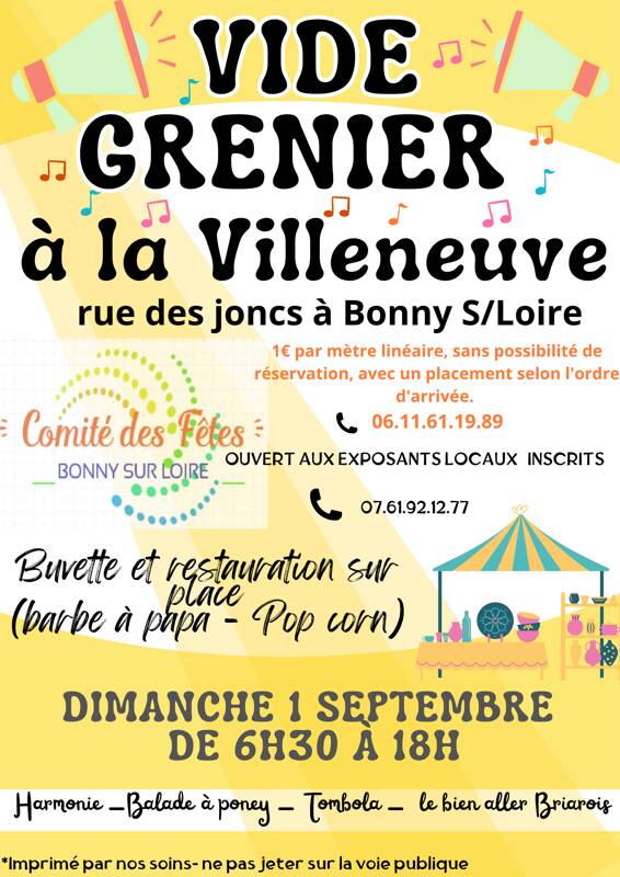 VIDE GRENIER DE BONNY SUR LOIRE LE 1er Septembre 2024