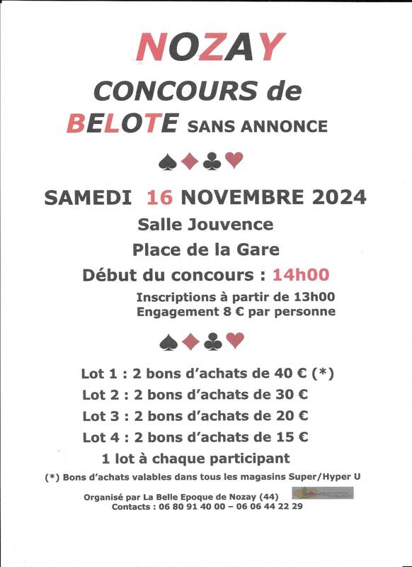 Concours de Belote sans annonce NOZAY (44) le 16/11/2024