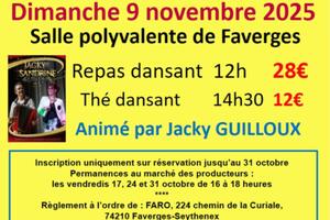 Repas dansant, thé dansant, le dimanche 9 novembre 2025 à Faverges 74210.