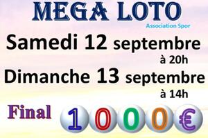 Méga LOTO animé par Karine dimanche 13 septembre. Final 1000€, BA 300€, 150€ ...