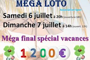 MEGA LOTO Carton Final spécial vacances 1200€. Bons Achat 20 à 200€. Bingo Américain spécial été