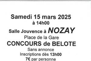 Concours de Belote sans annonce NOZAY (44) le 15/03/2025